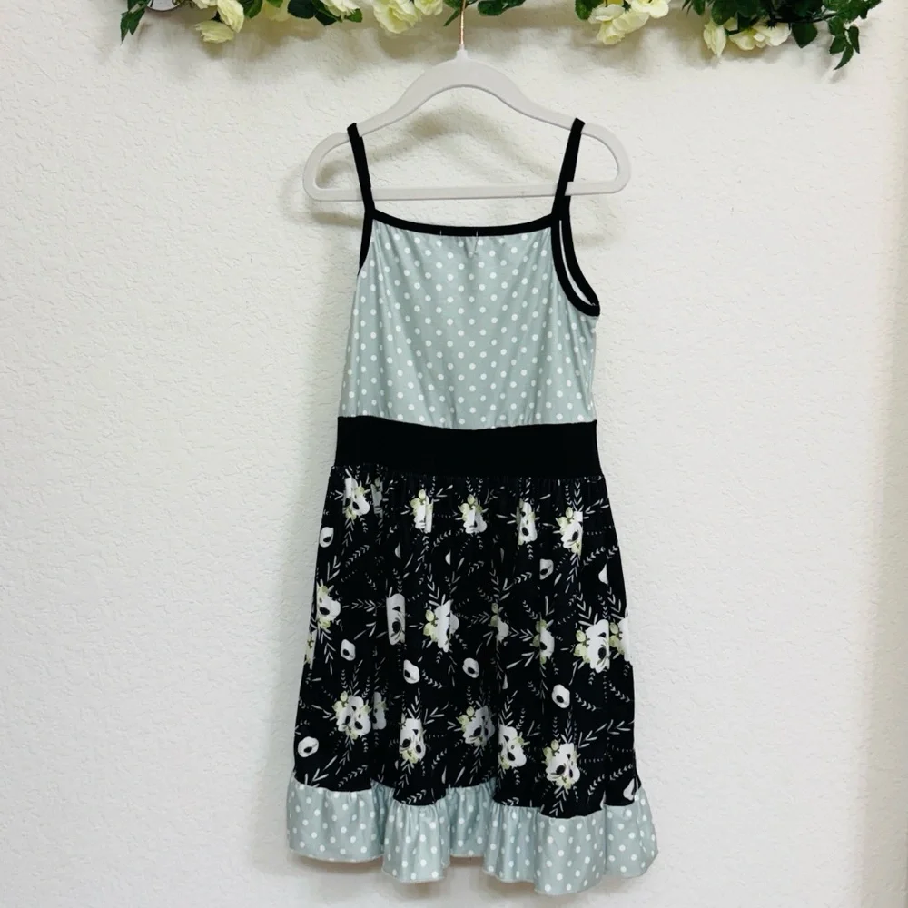 Pete + Lucy • Girls Blue Polka Dot Black Floral Ruffle Twirl Dress
